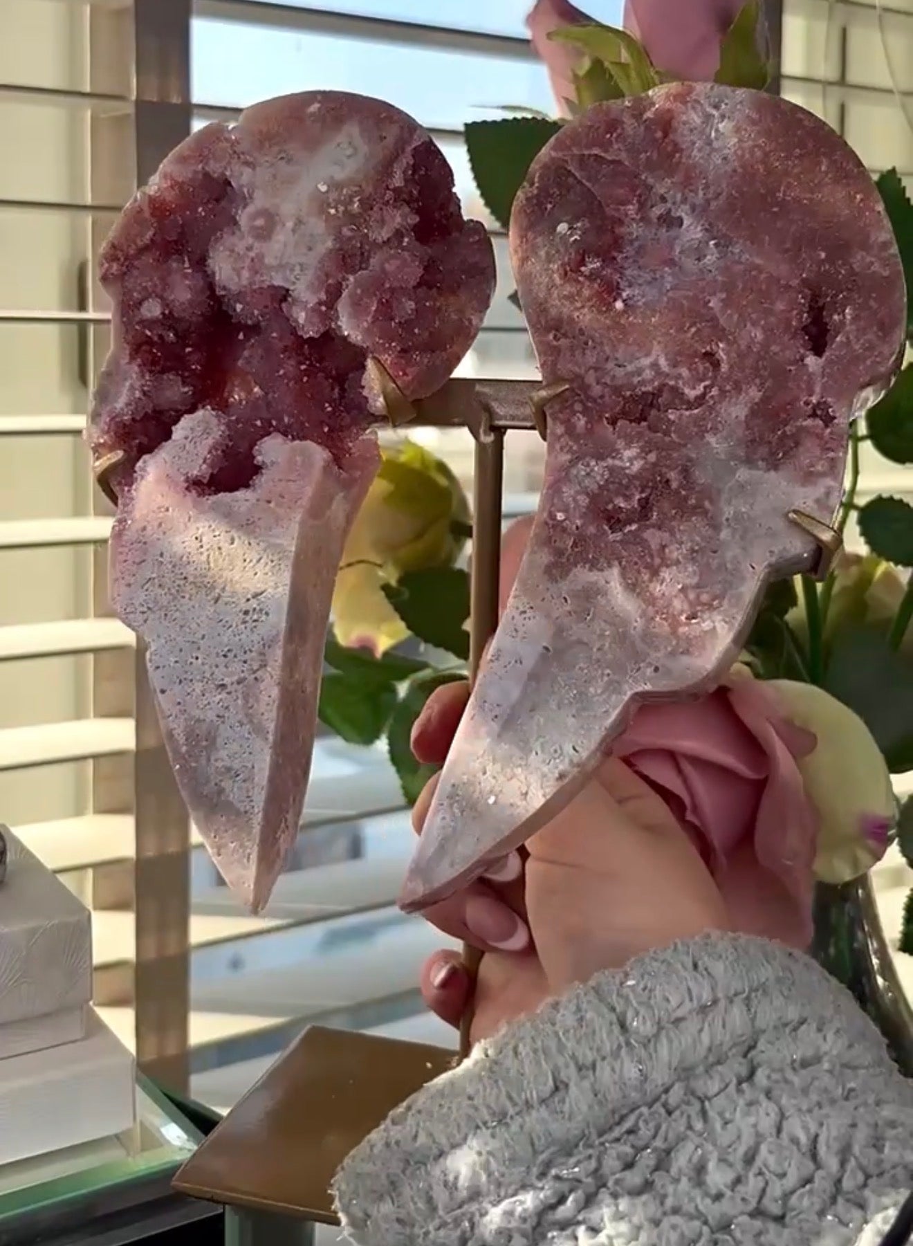 High quality, pink amethyst wings in reddish/deep pink tone - comes with stand