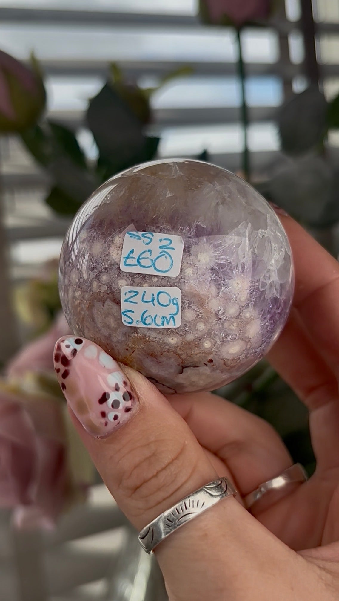 High grade, amethyst Flower agate sphere with druzy quartz- 5.5cm