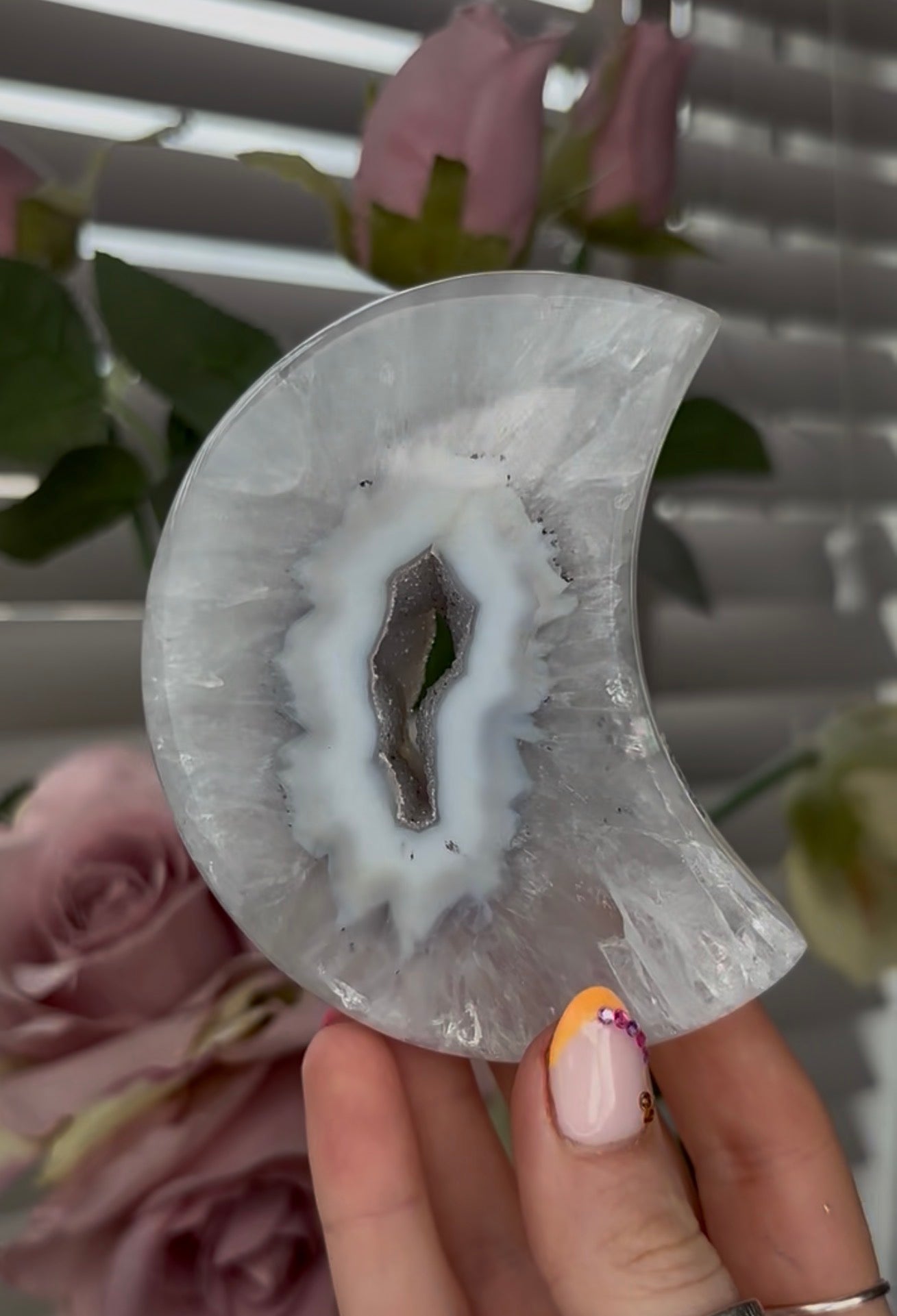 Beautiful, high grade, agate moon with druzy - comes with stand
