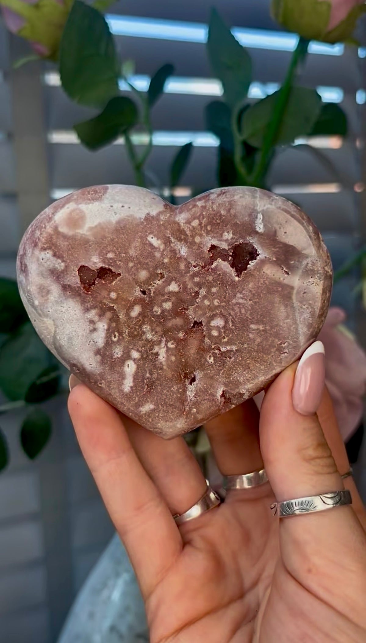 Gorgeous, pink amethyst heart - comes with stand