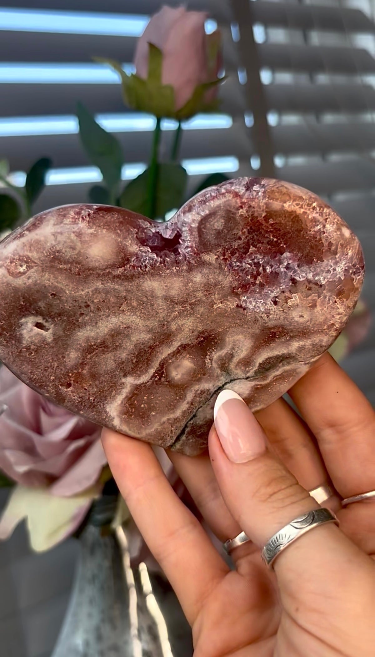 Gorgeous, pink amethyst heart - comes with stand