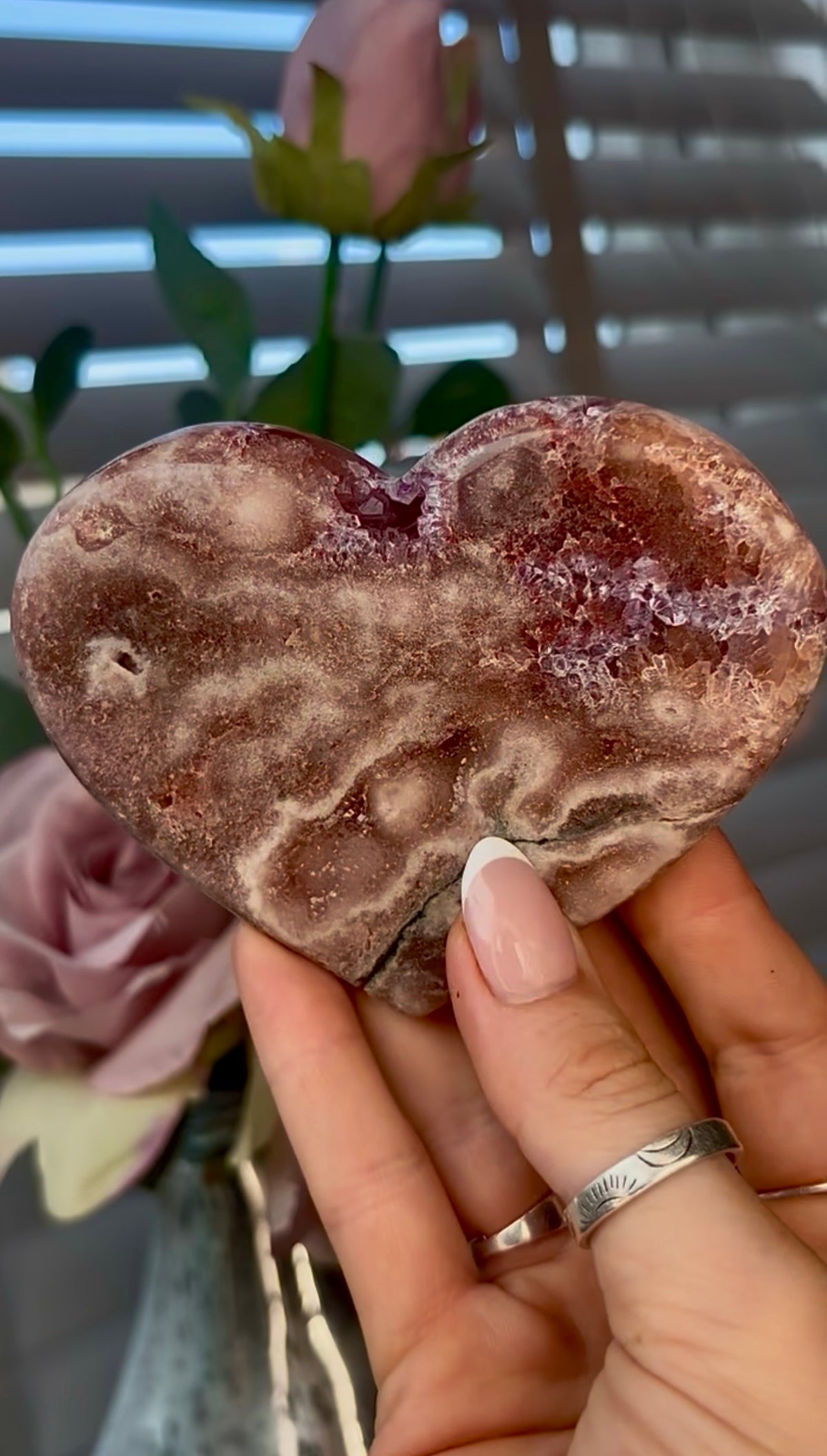 Gorgeous, pink amethyst heart - comes with stand