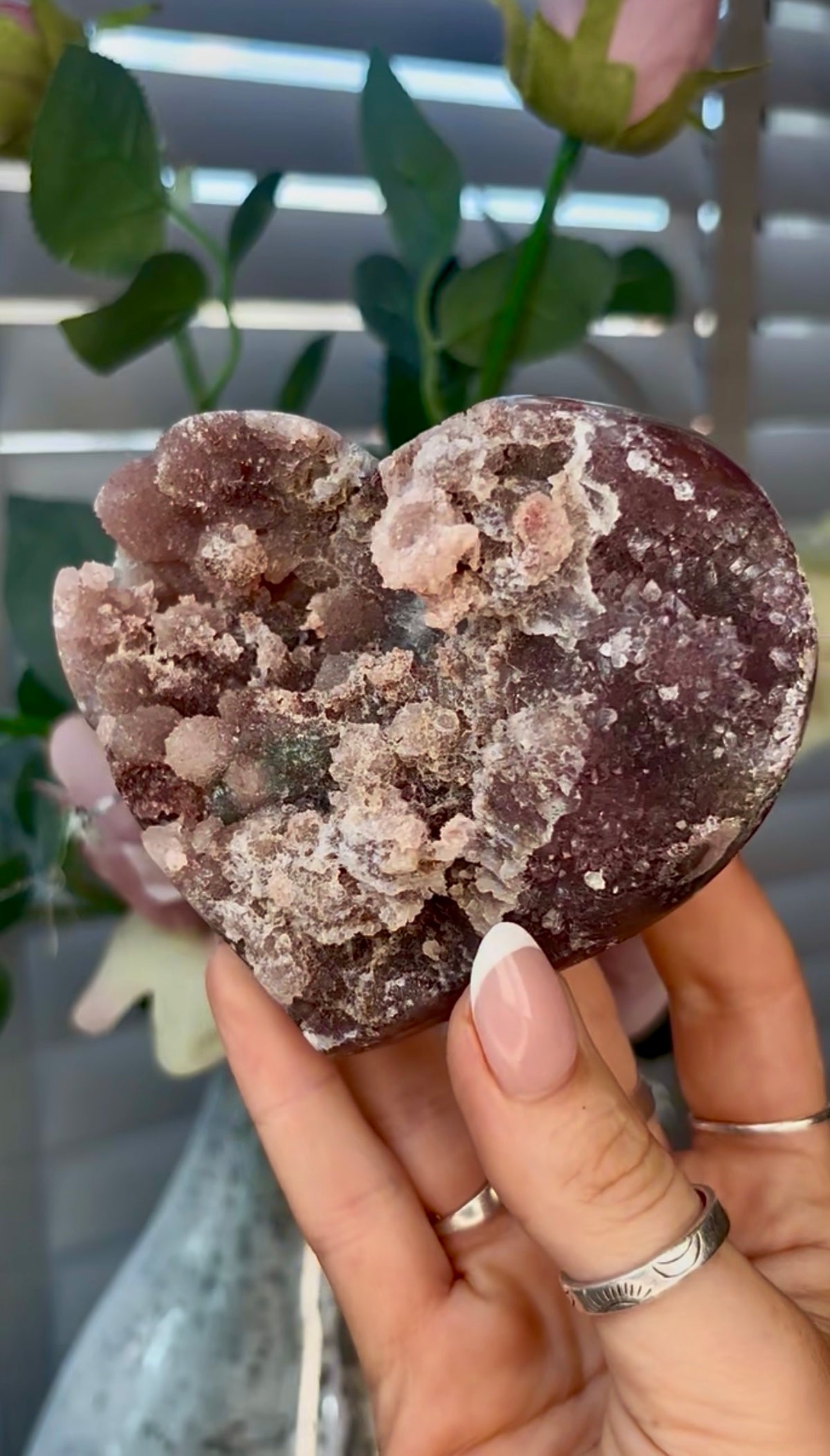 Gorgeous, pink amethyst heart - comes with stand