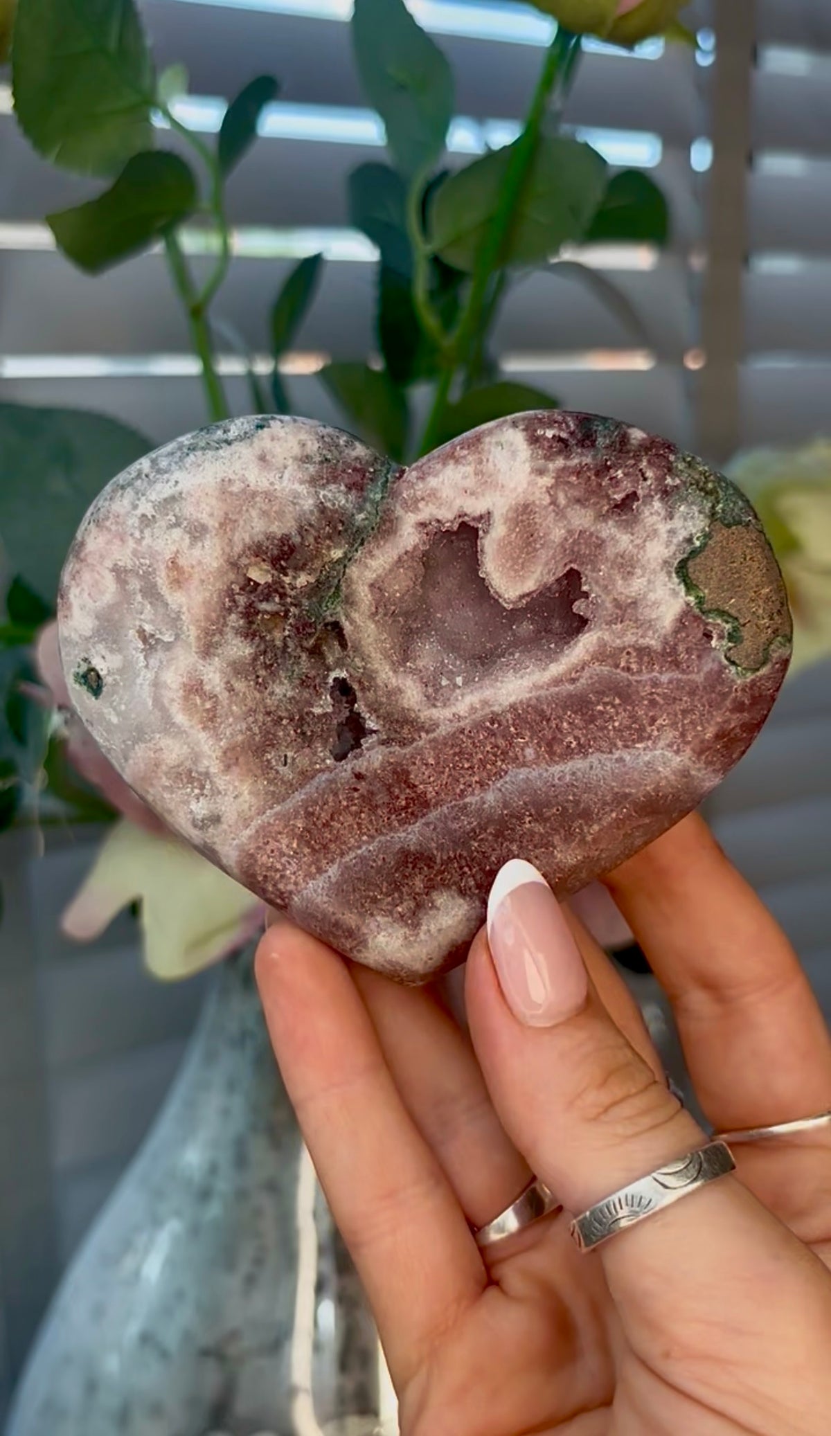 Gorgeous, pink amethyst heart - comes with stand