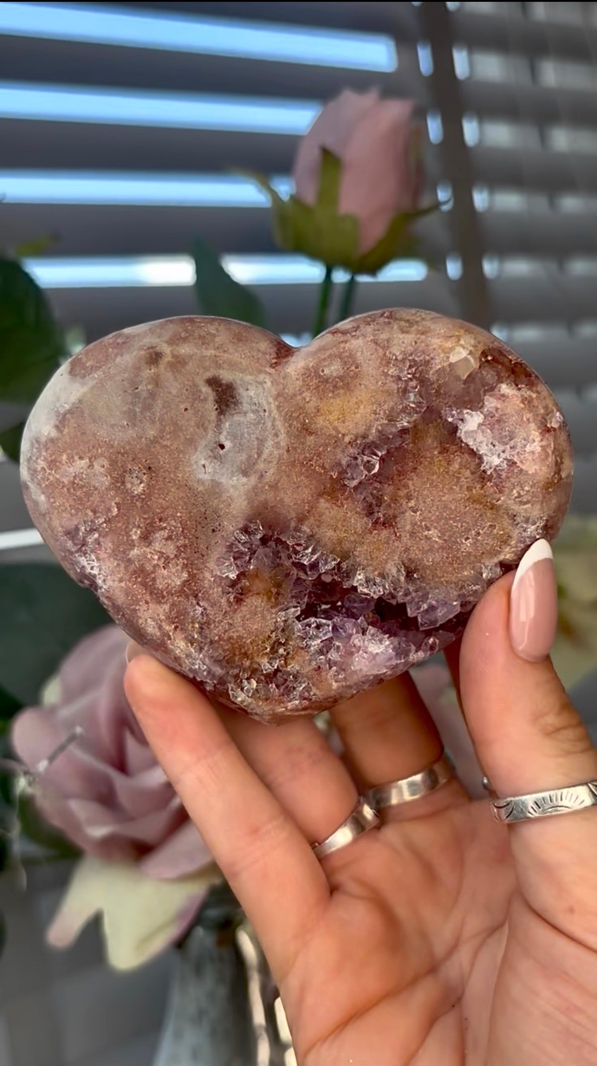 Gorgeous, pink amethyst heart - comes with stand
