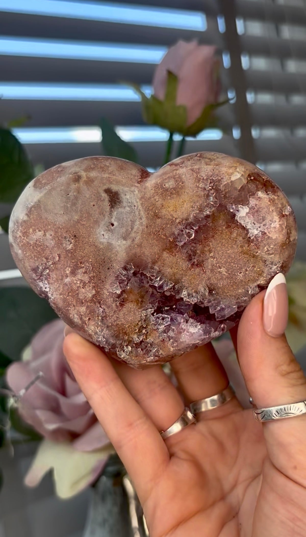 Gorgeous, pink amethyst heart - comes with stand