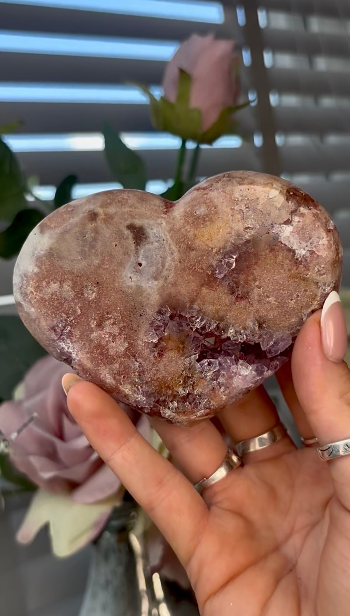 Gorgeous, pink amethyst heart - comes with stand