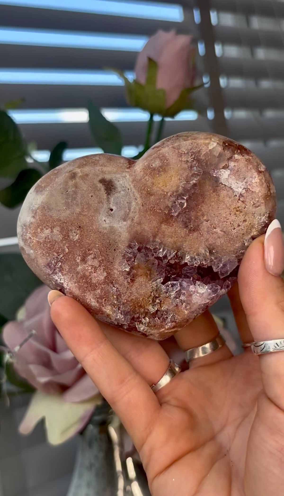 Gorgeous, pink amethyst heart - comes with stand