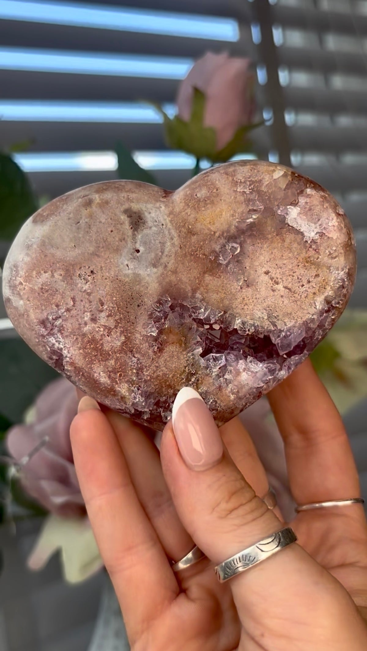 Gorgeous, pink amethyst heart - comes with stand
