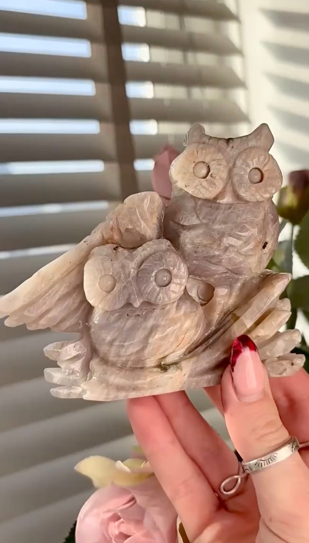 Beautiful double owl moonstone carving