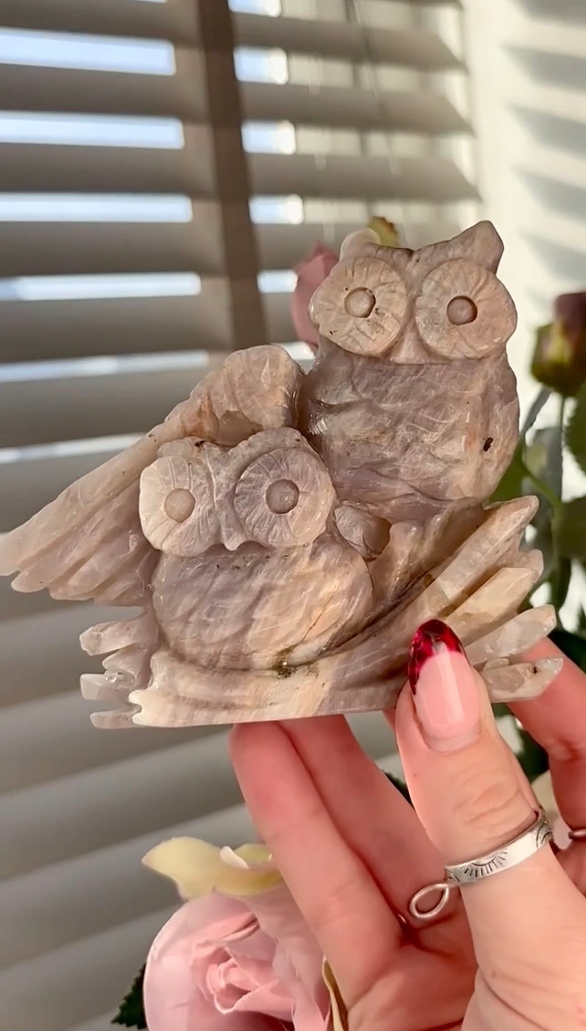 Beautiful double owl moonstone carving