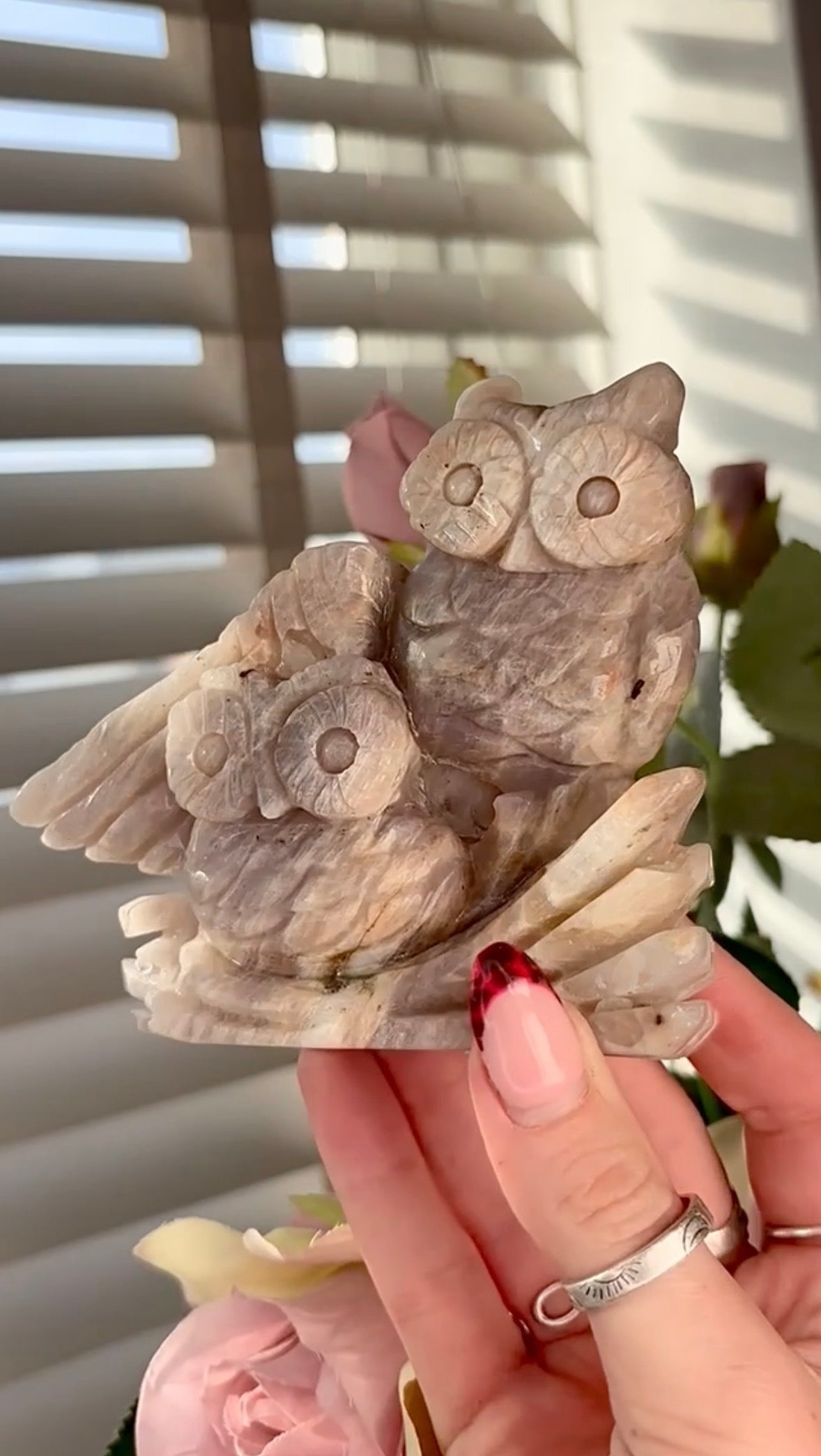 Beautiful double owl moonstone carving