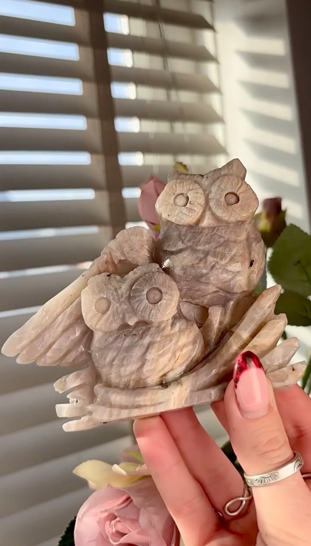 Beautiful double owl moonstone carving