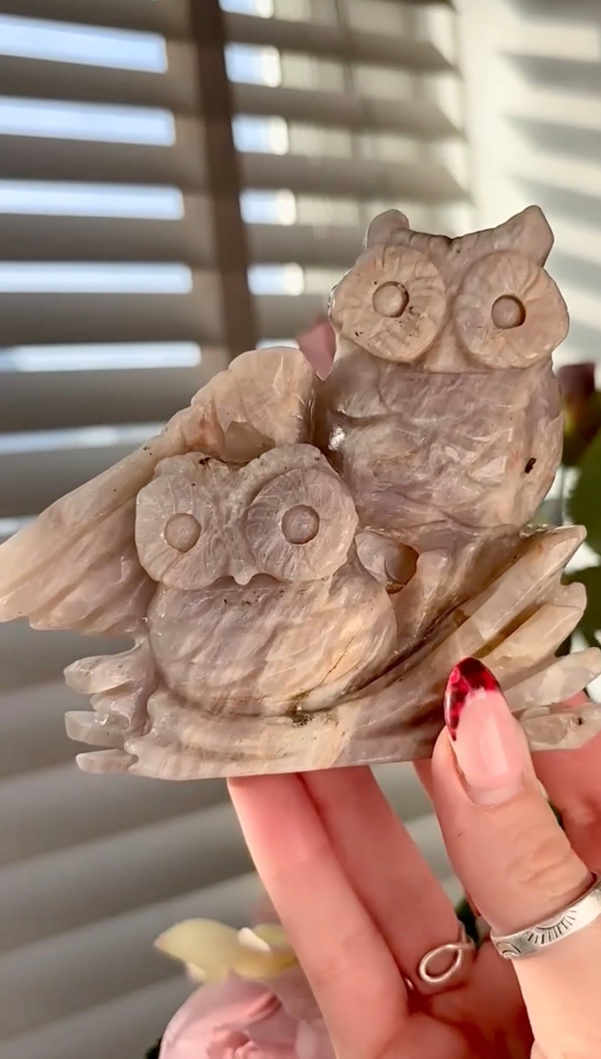 Beautiful double owl moonstone carving