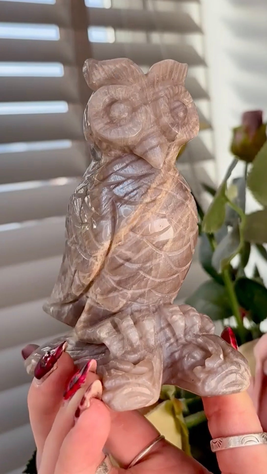 Beautiful owl moonstone carving