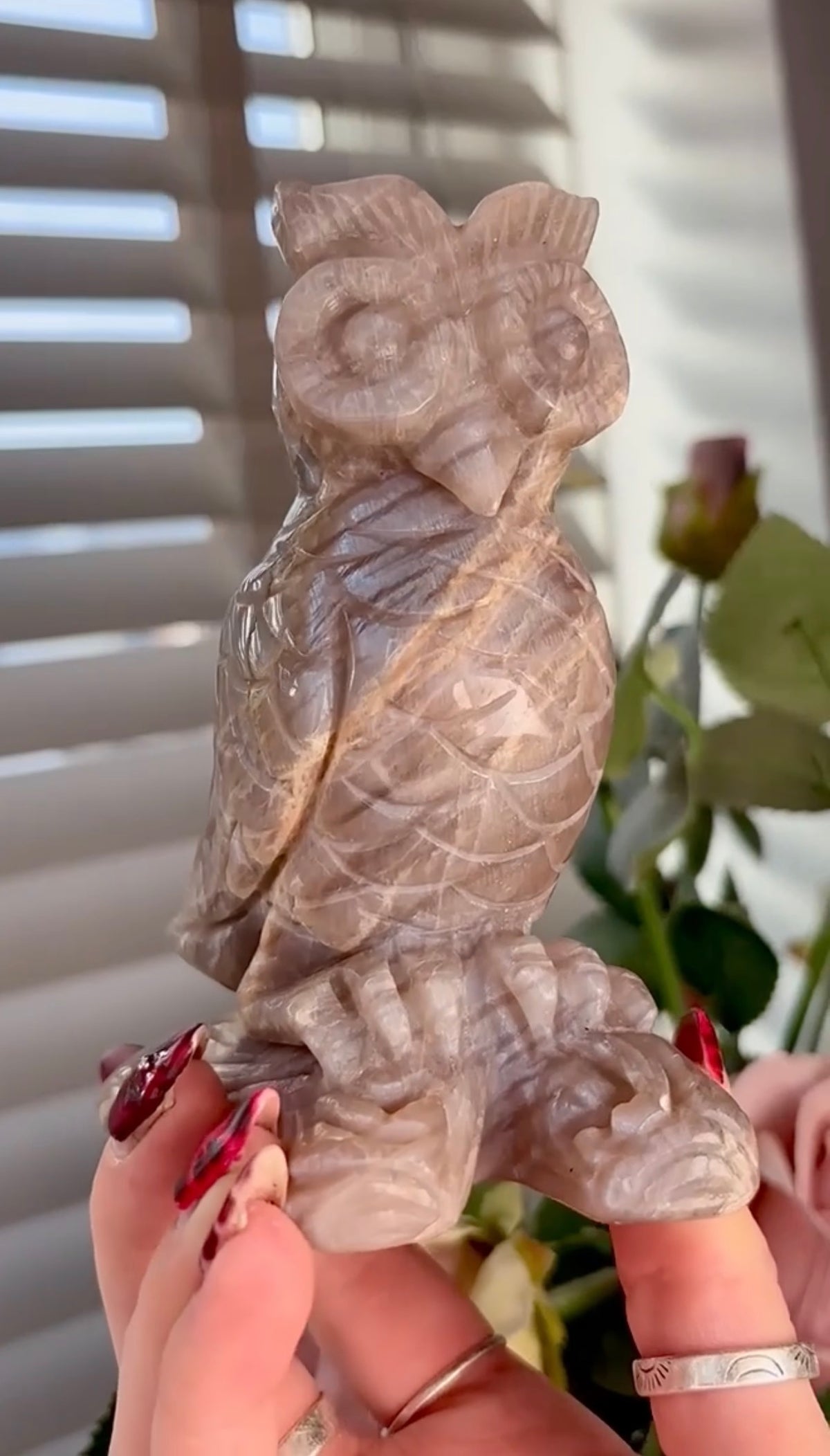 Beautiful owl moonstone carving
