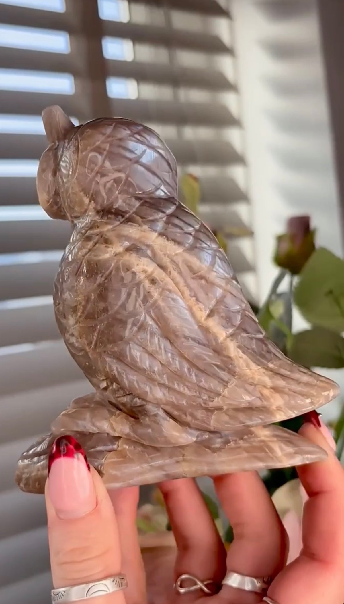 Beautiful owl moonstone carving