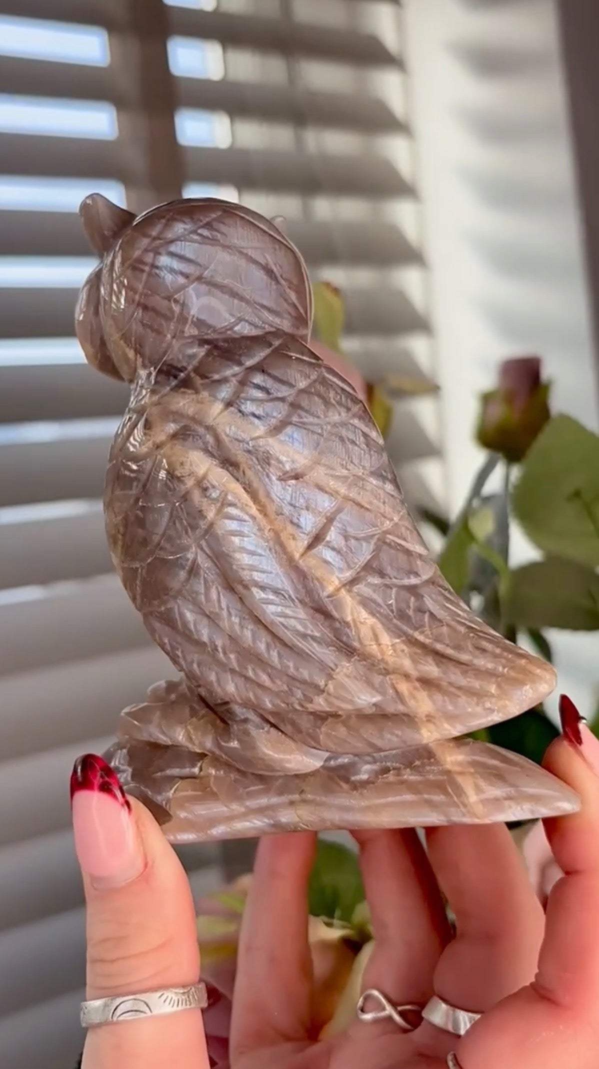 Beautiful owl moonstone carving