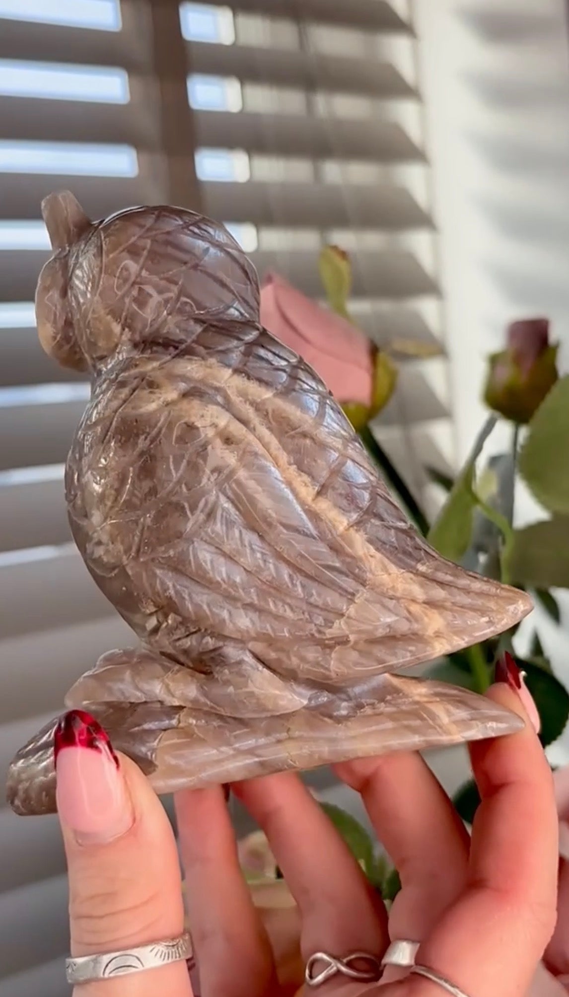 Beautiful owl moonstone carving