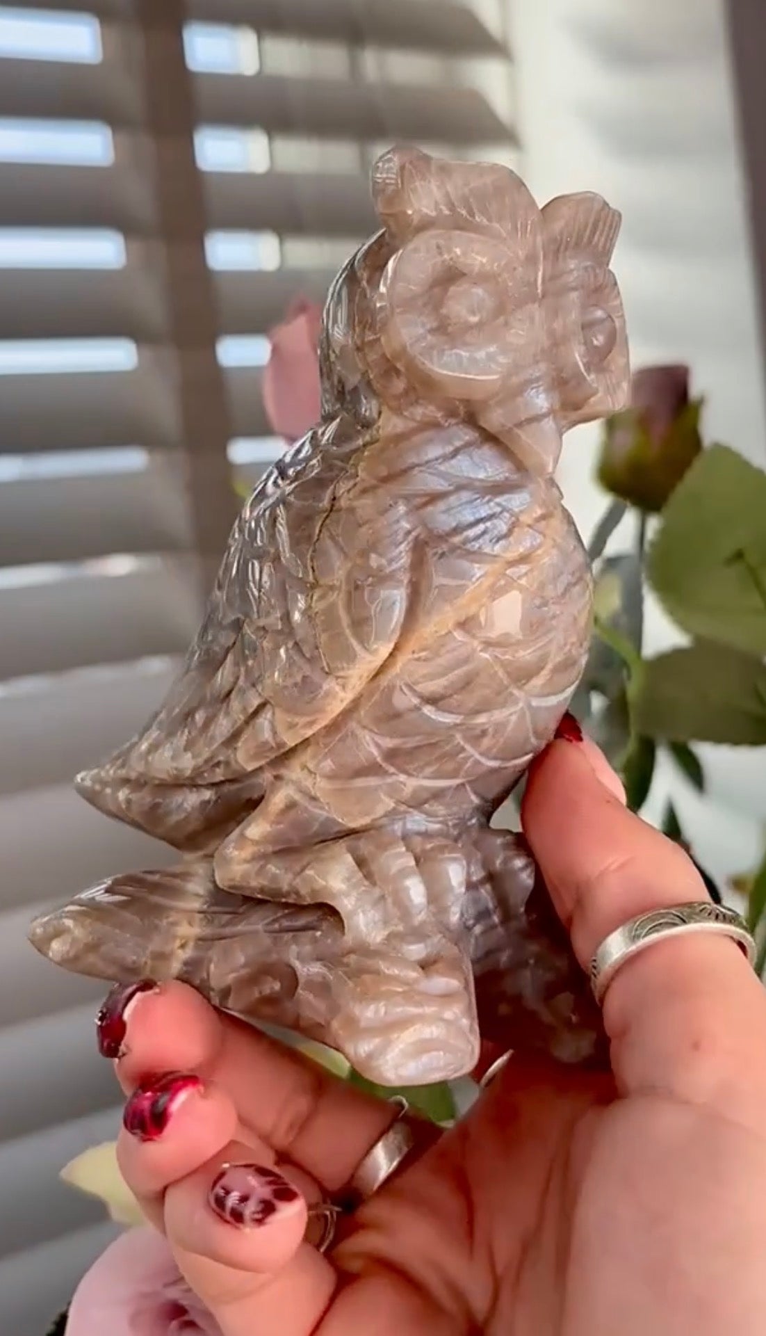 Beautiful owl moonstone carving