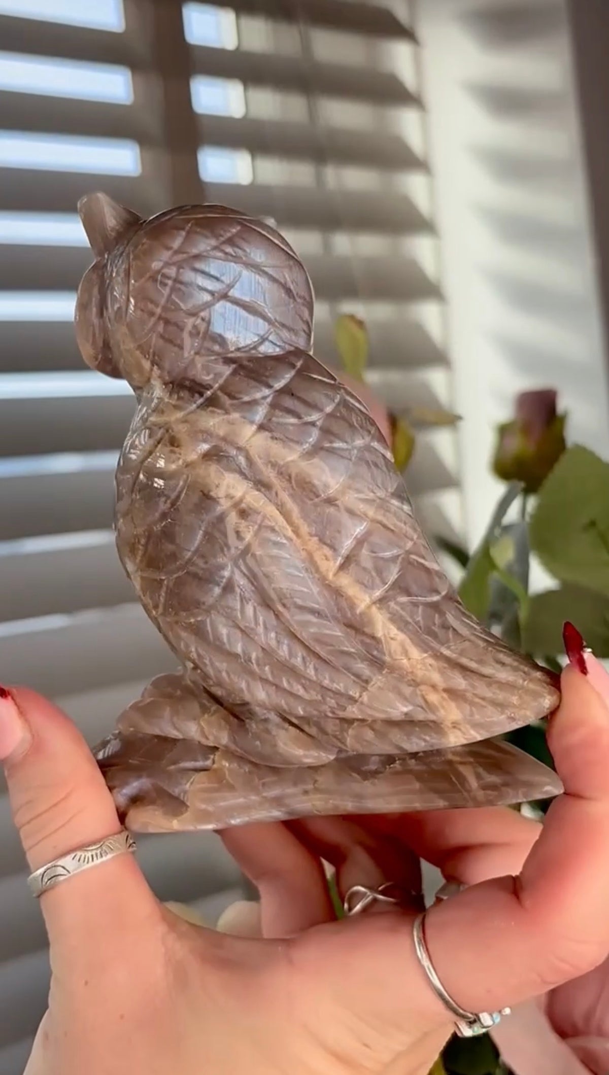 Beautiful owl moonstone carving