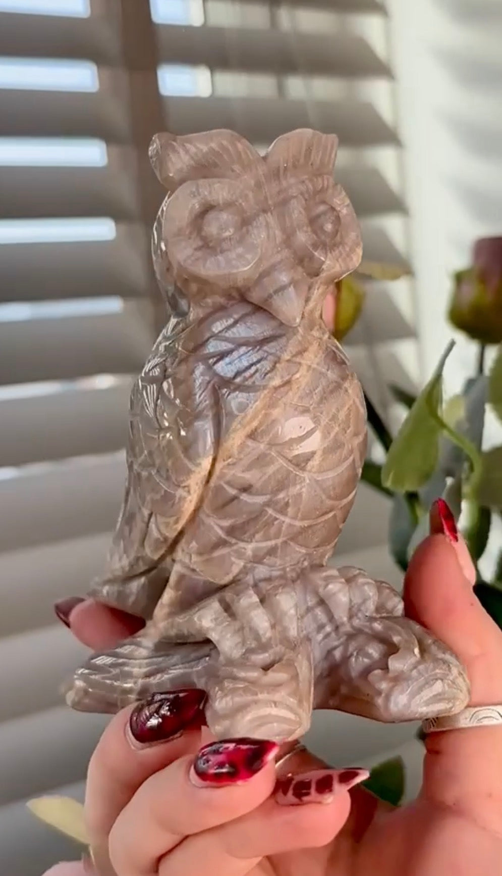 Beautiful owl moonstone carving