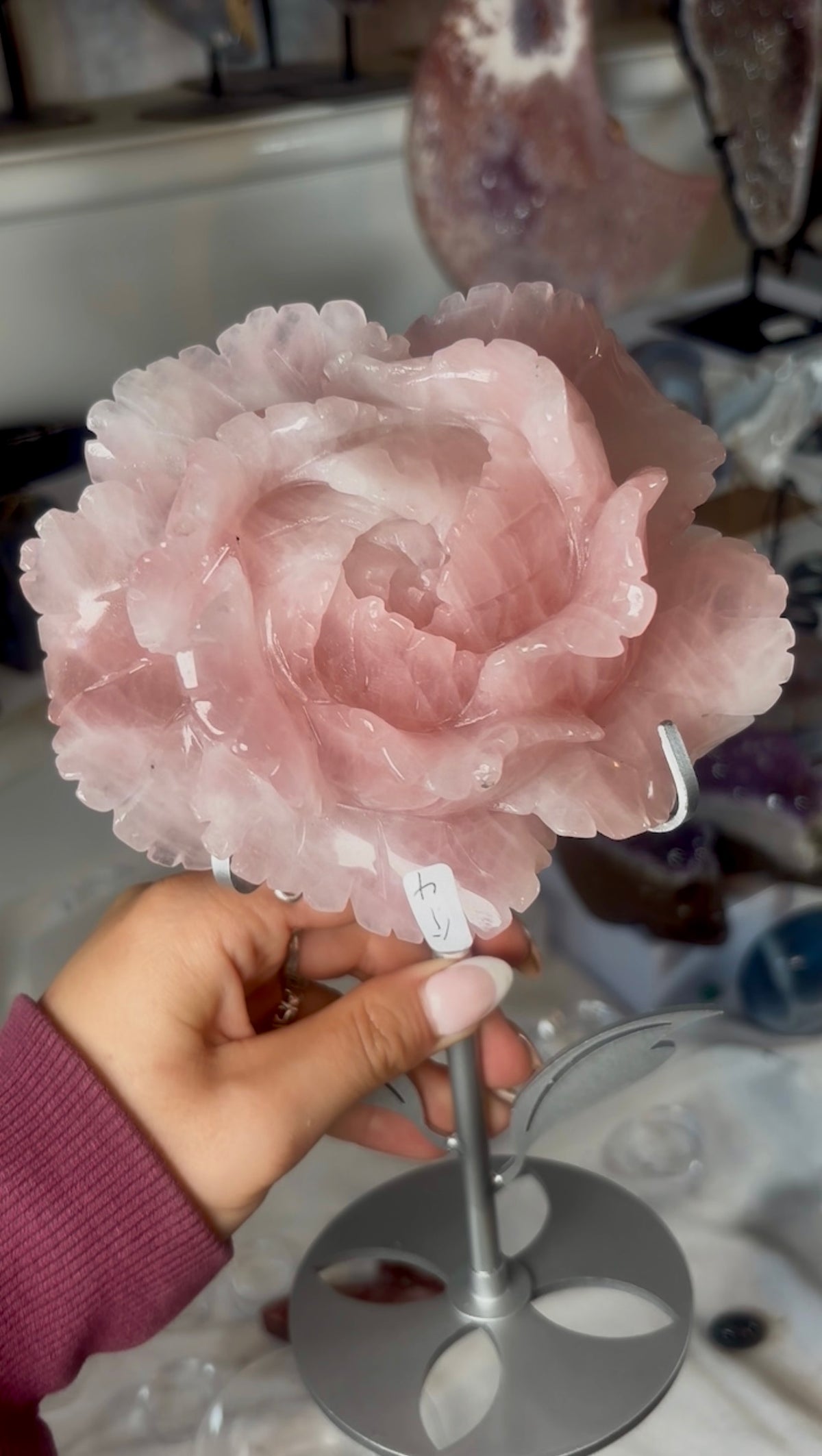 High grade, gemmy rose quartz rose on silver flower stand
