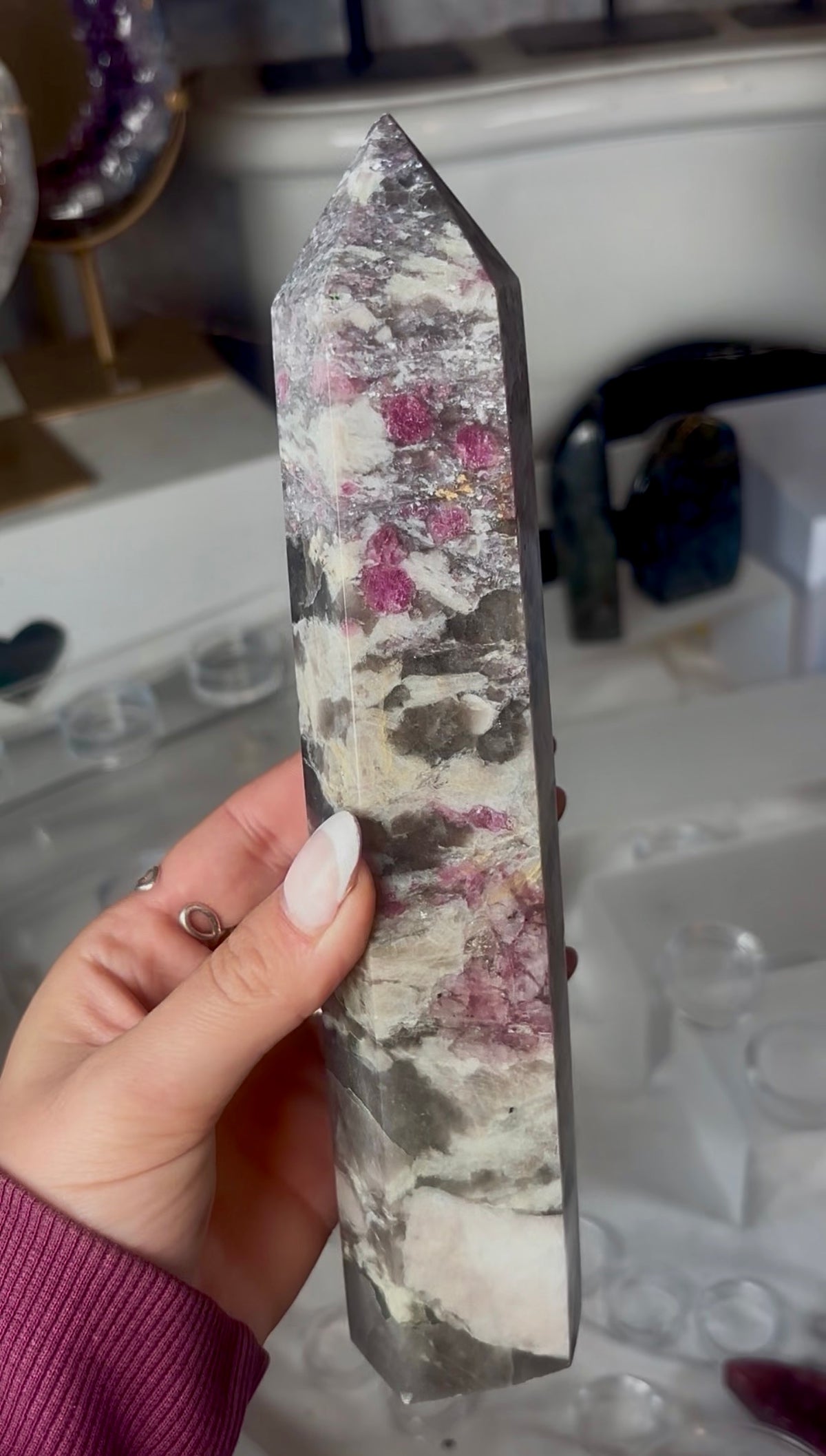 Pink tourmaline tower with Smokey 22.5cm tall
