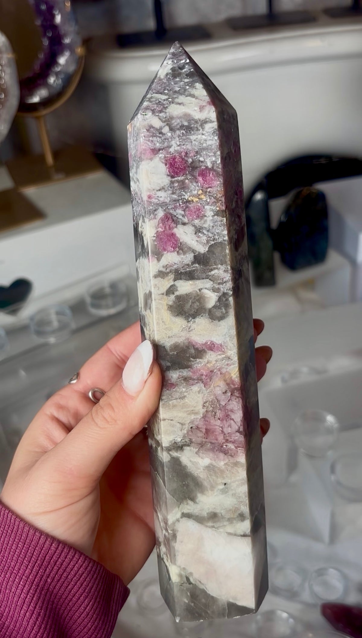 Pink tourmaline tower with Smokey 22.5cm tall