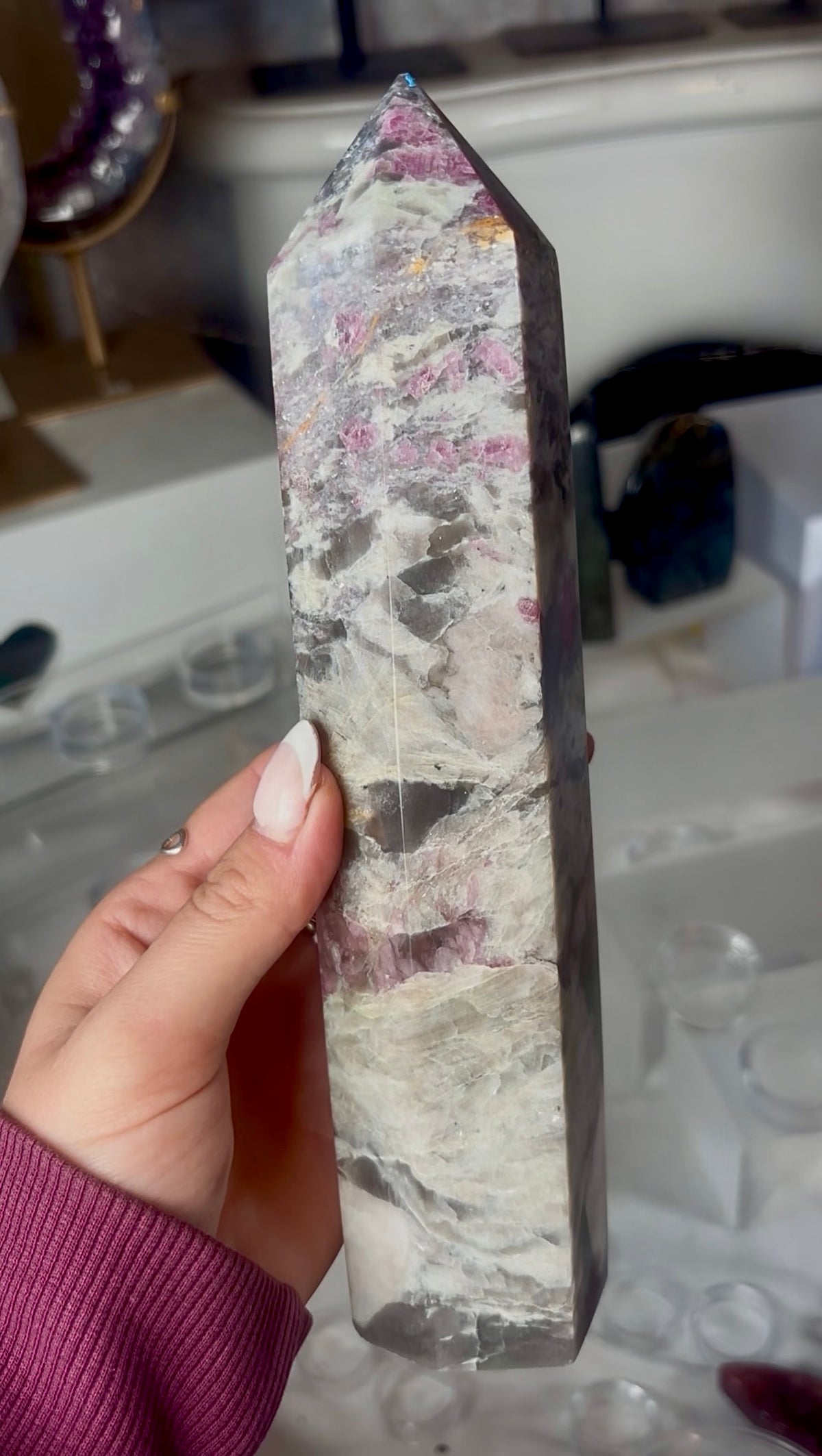 Pink tourmaline tower with Smokey 22.5cm tall
