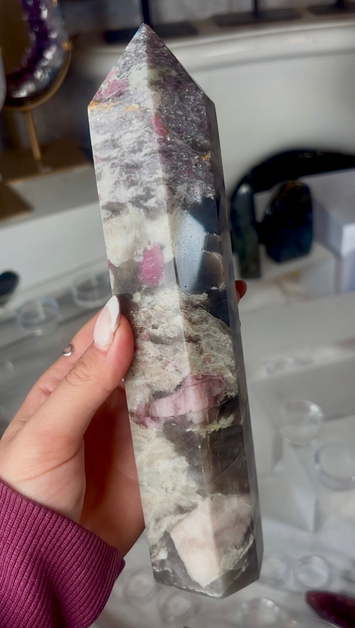 Pink tourmaline tower with Smokey 22.5cm tall