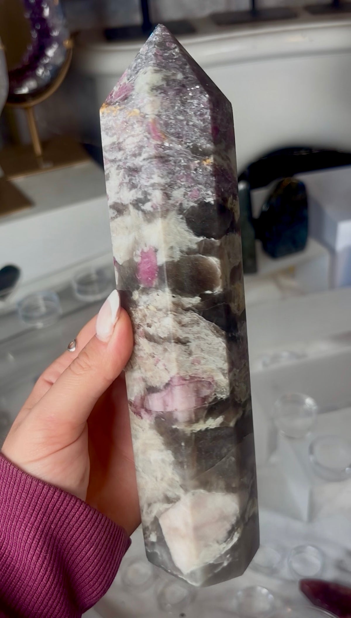 Pink tourmaline tower with Smokey 22.5cm tall
