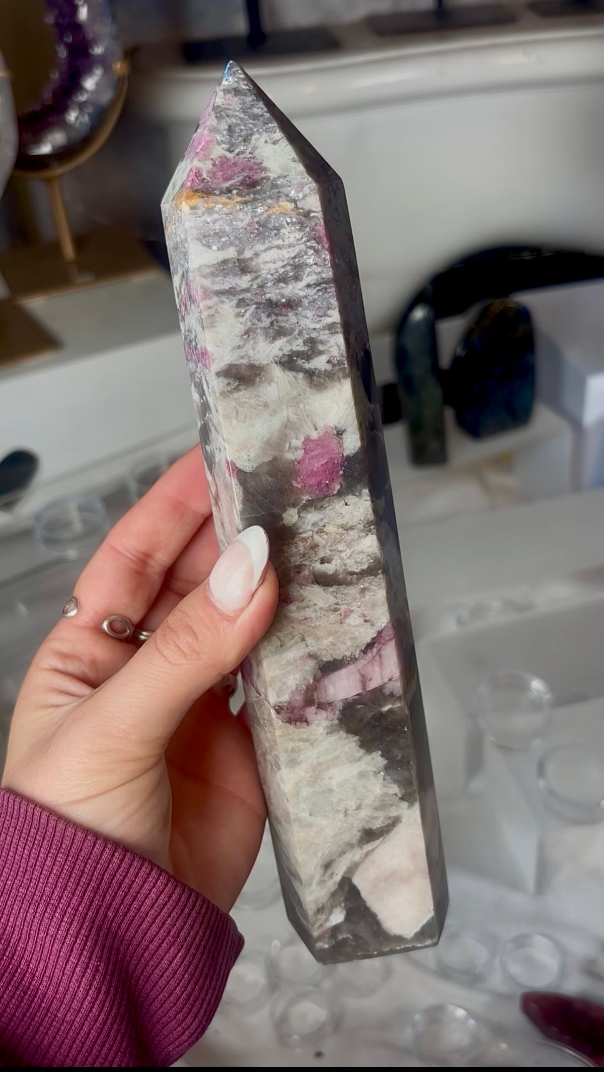 Pink tourmaline tower with Smokey 22.5cm tall