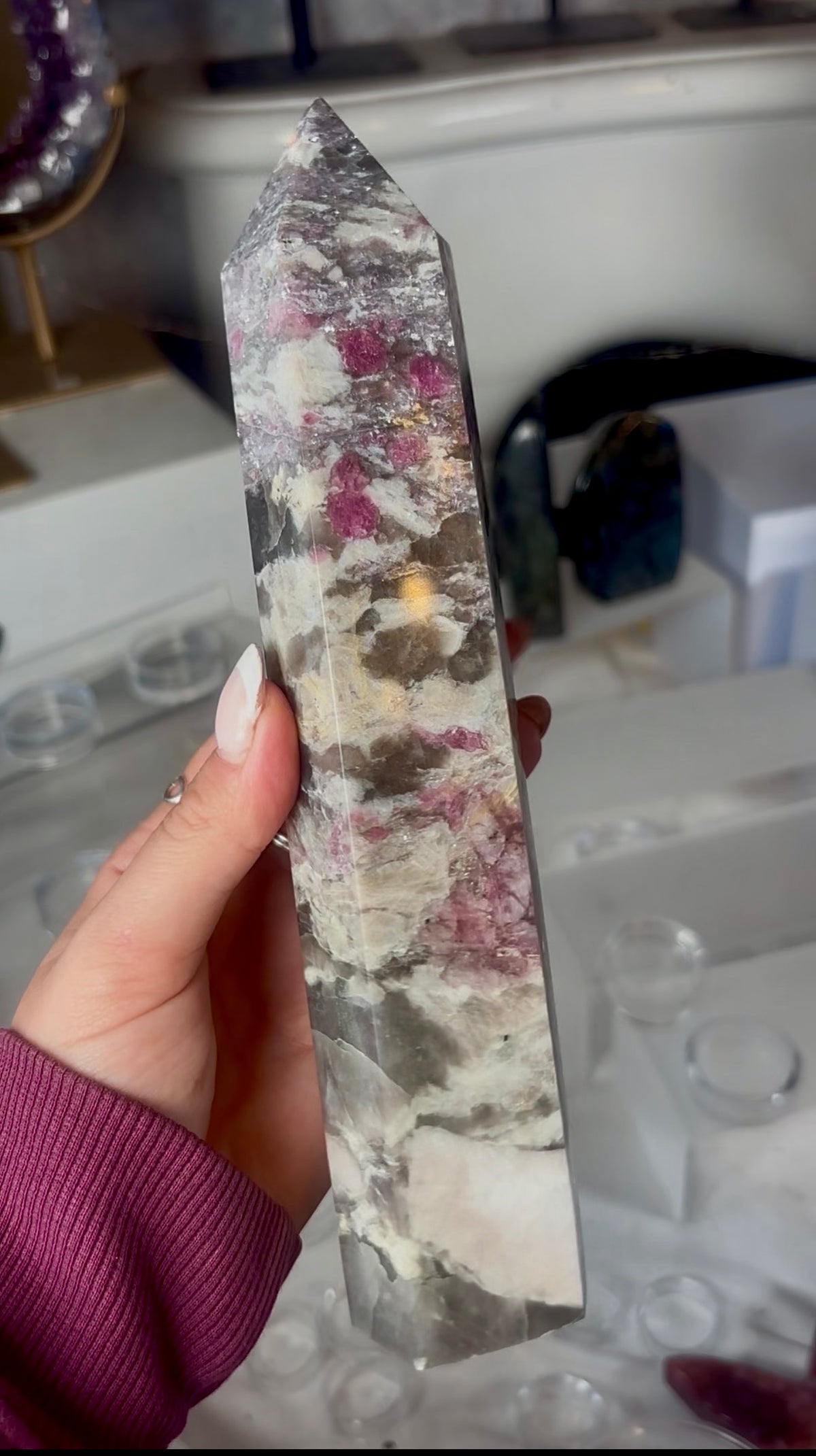 Pink tourmaline tower with Smokey 22.5cm tall