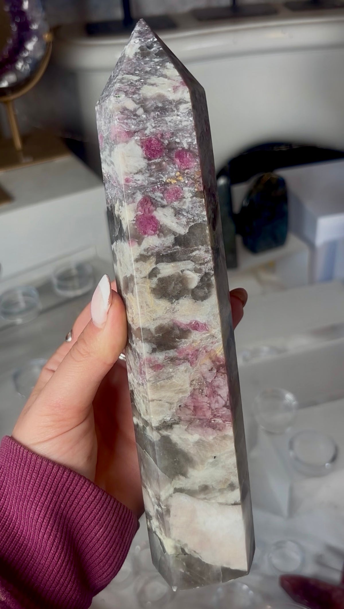 Pink tourmaline tower with Smokey 22.5cm tall