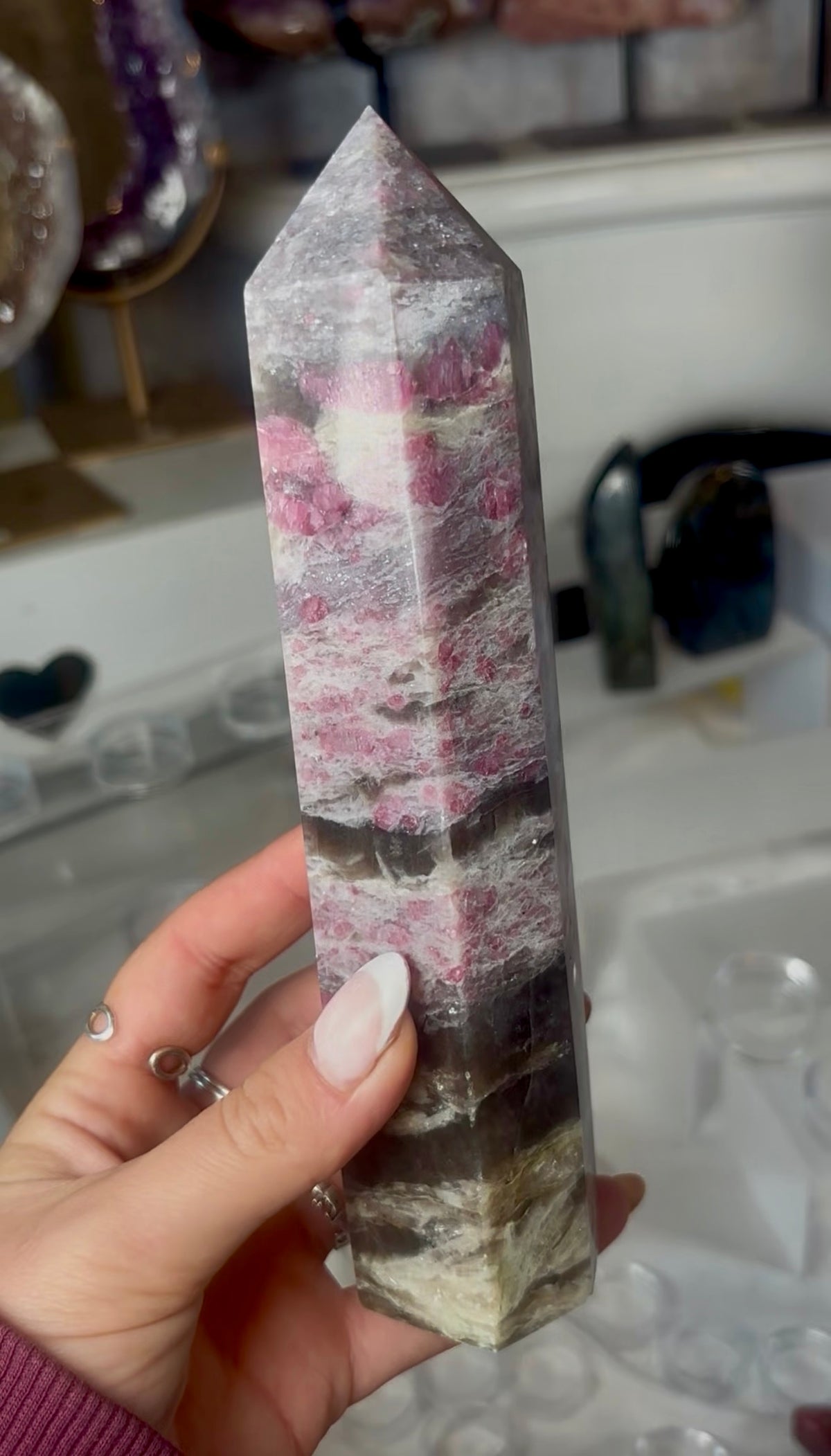 Pink tourmaline tower with Smokey 19.5cm tall