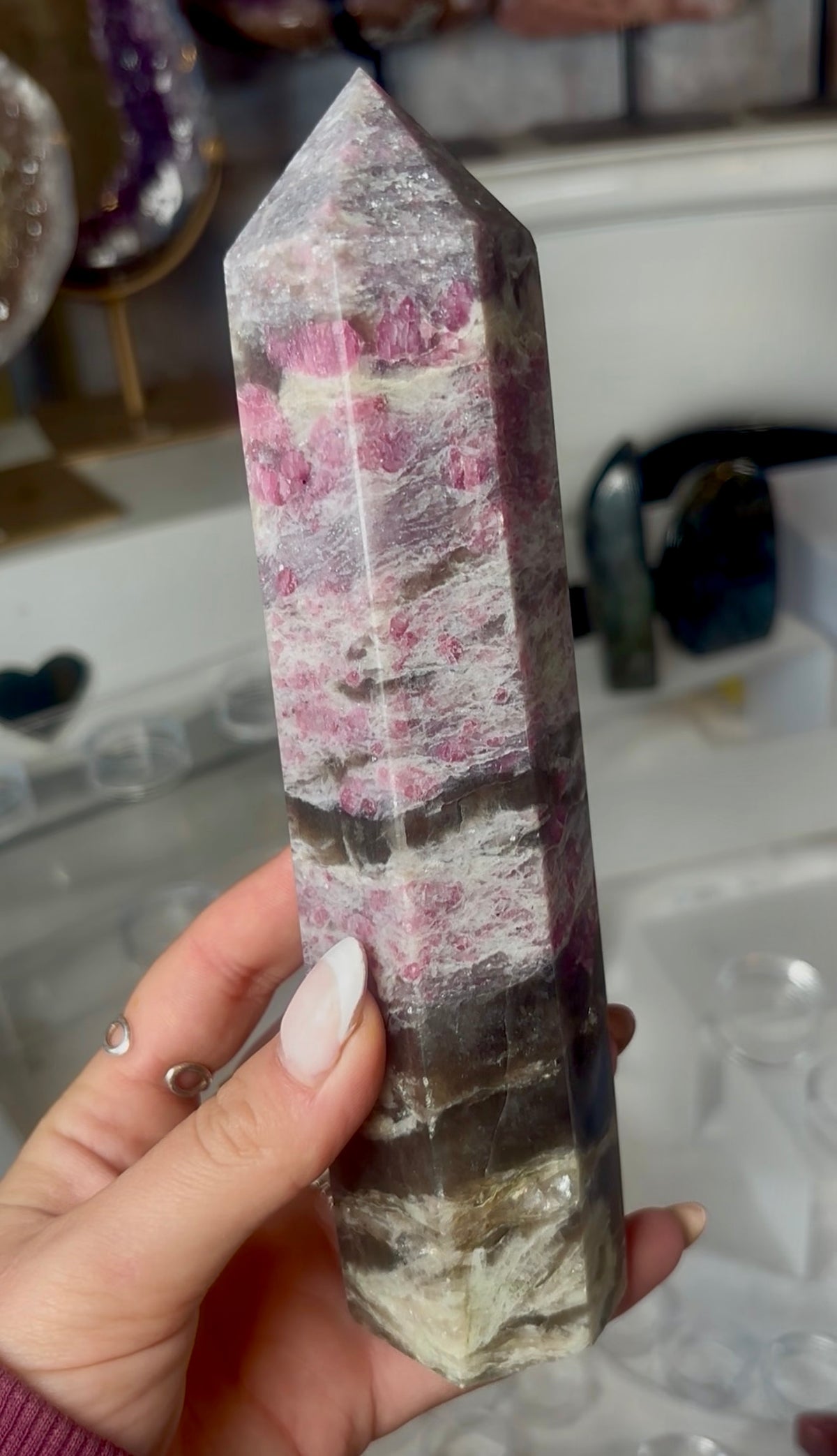 Pink tourmaline tower with Smokey 19.5cm tall
