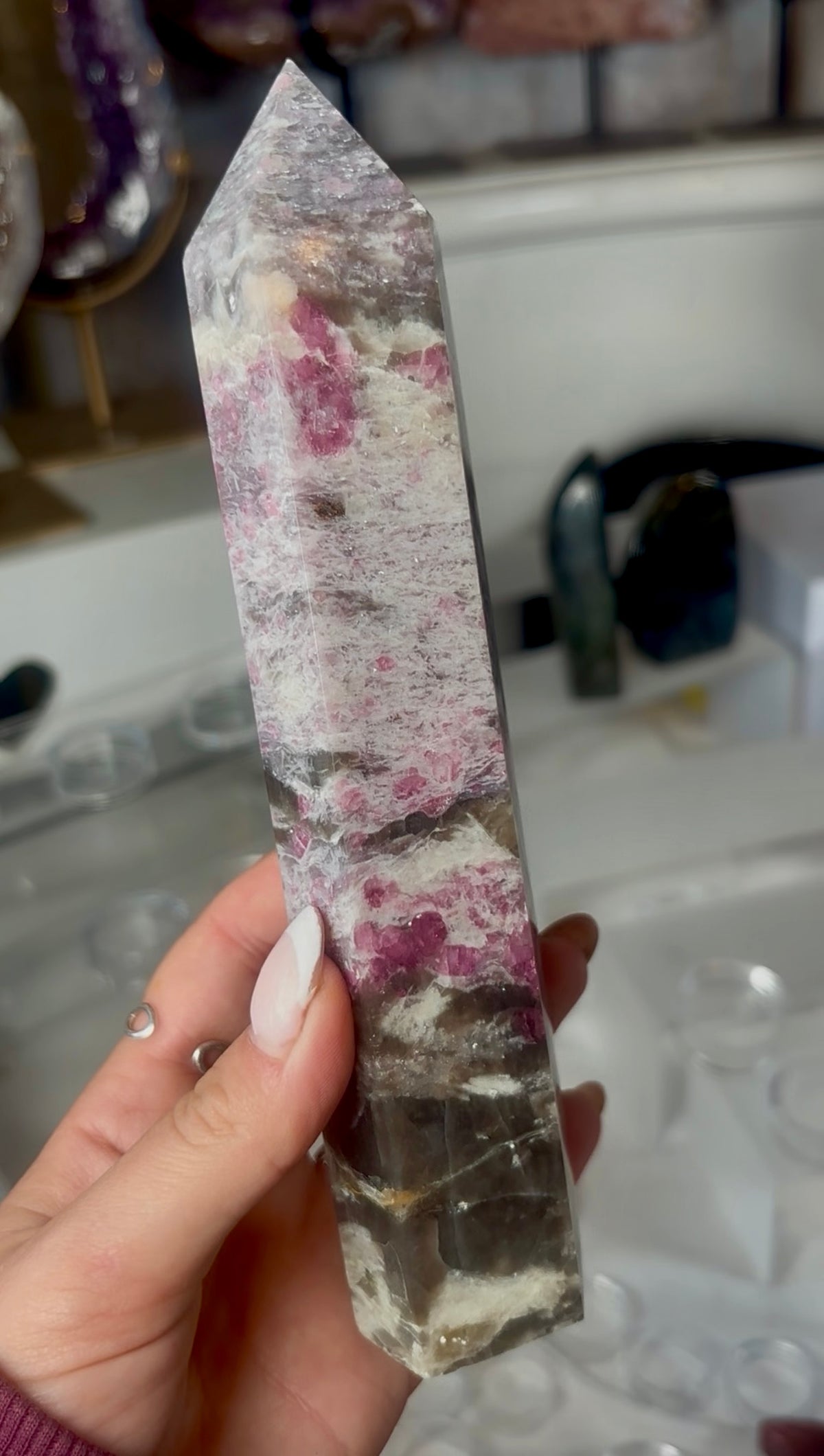 Pink tourmaline tower with Smokey 19.5cm tall