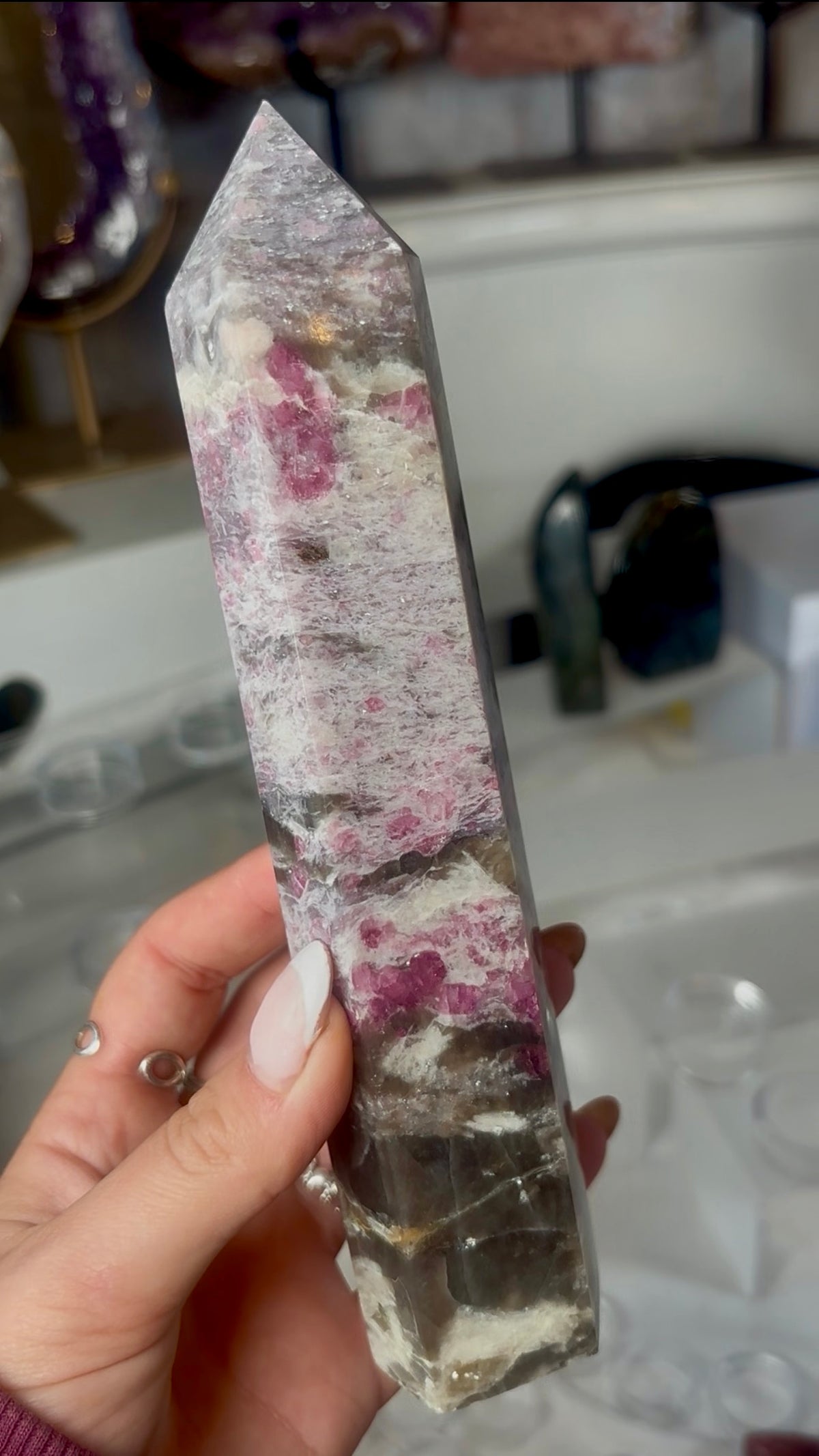 Pink tourmaline tower with Smokey 19.5cm tall