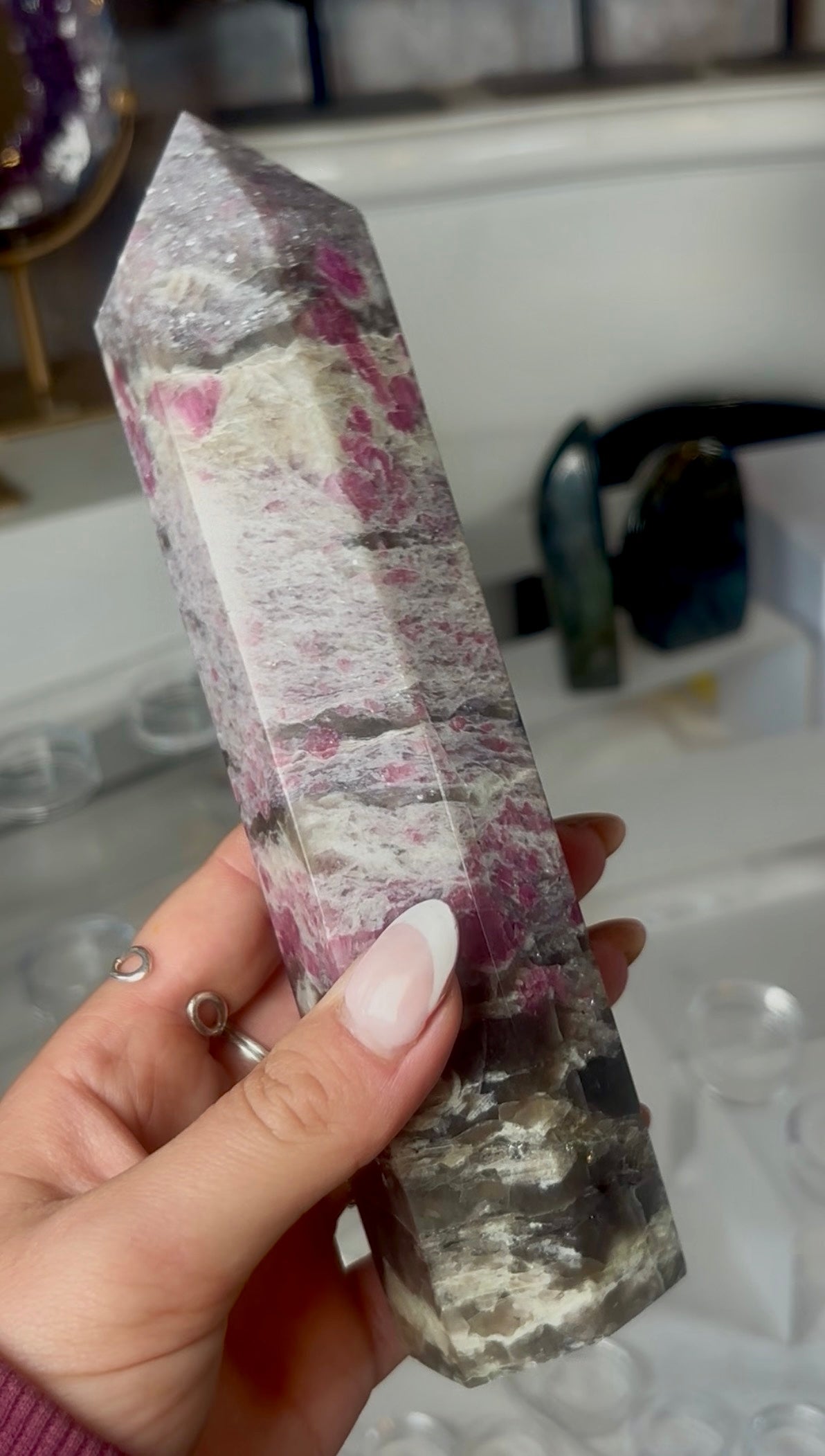 Pink tourmaline tower with Smokey 19.5cm tall