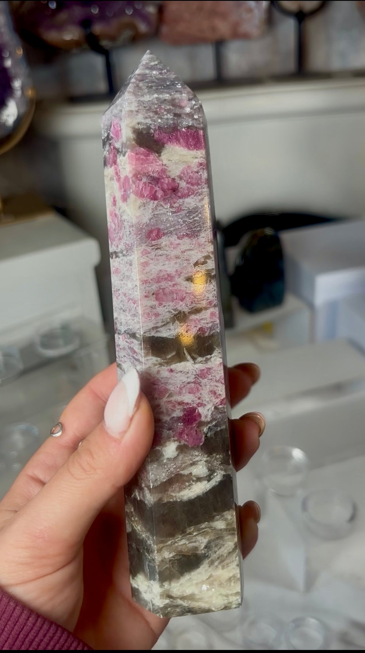Pink tourmaline tower with Smokey 19.5cm tall