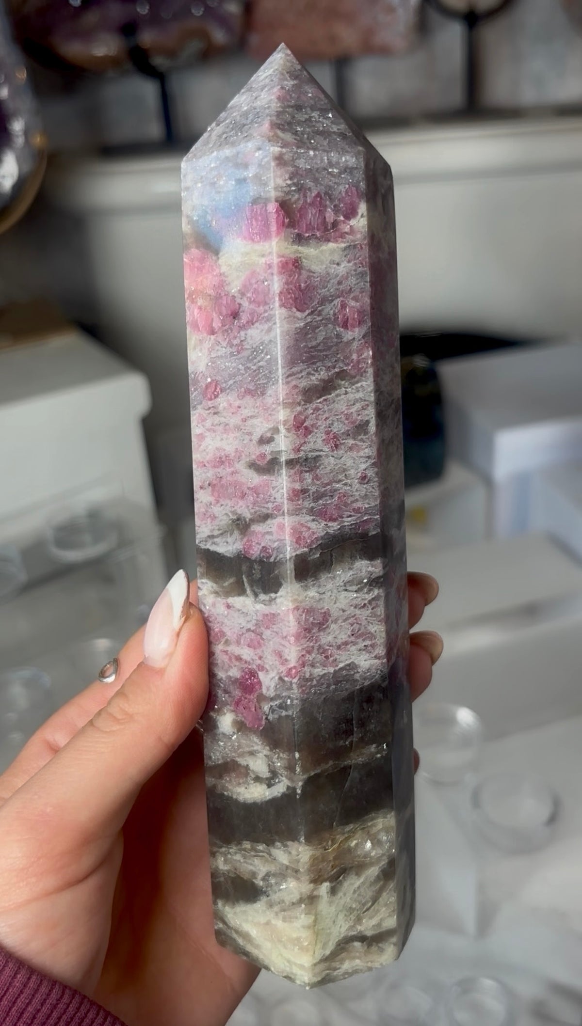 Pink tourmaline tower with Smokey 19.5cm tall