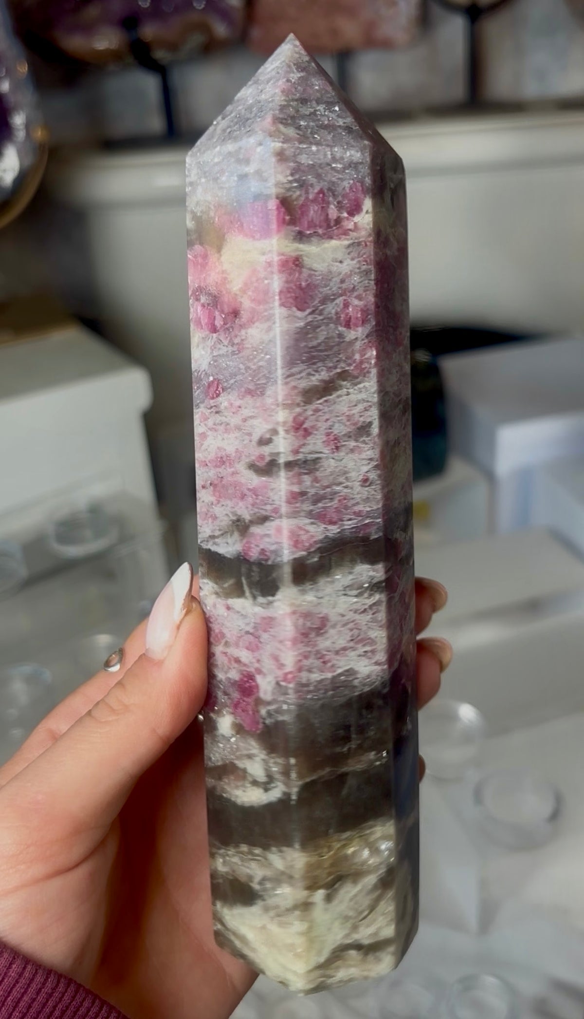 Pink tourmaline tower with Smokey 19.5cm tall