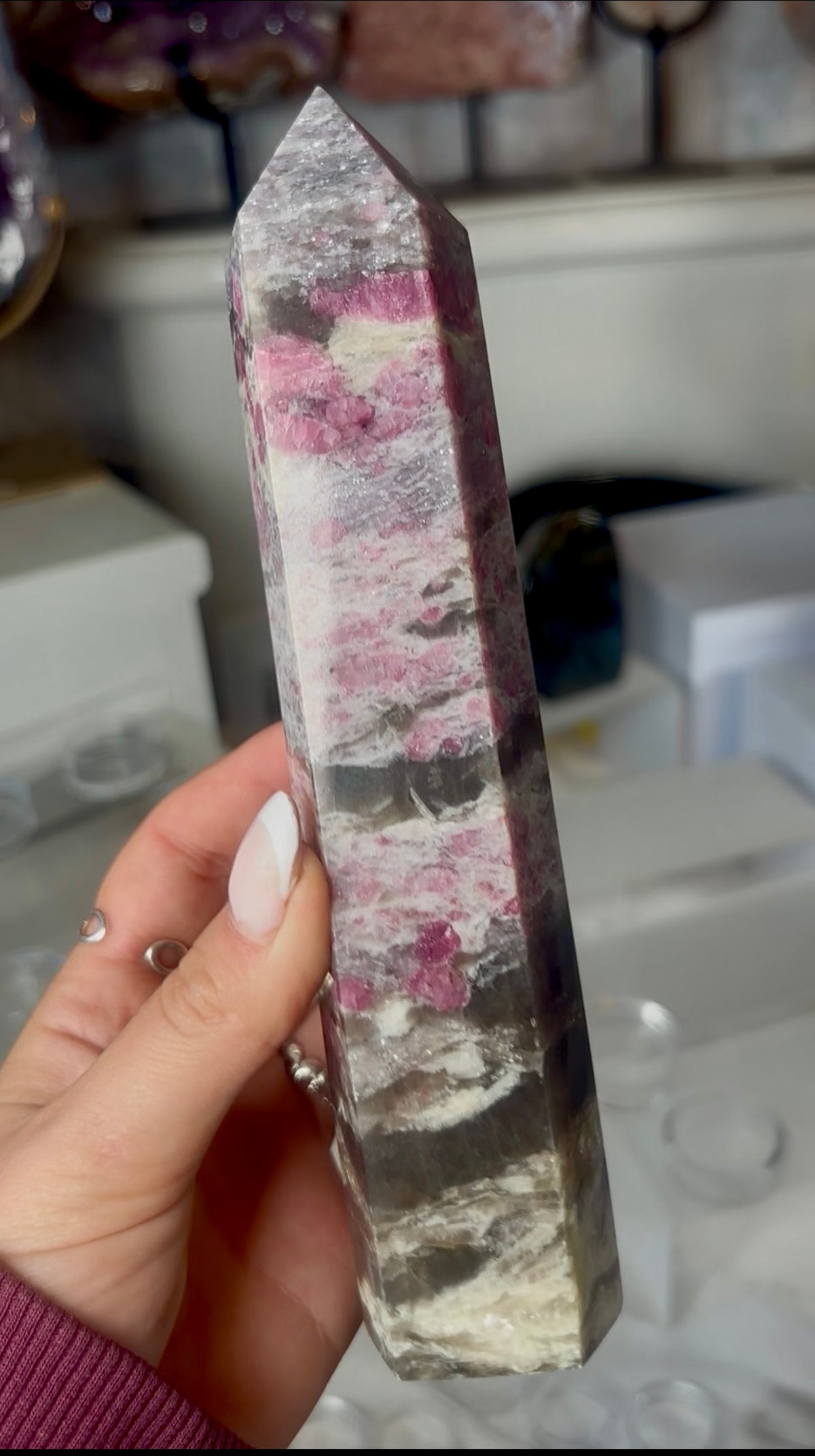 Pink tourmaline tower with Smokey 19.5cm tall