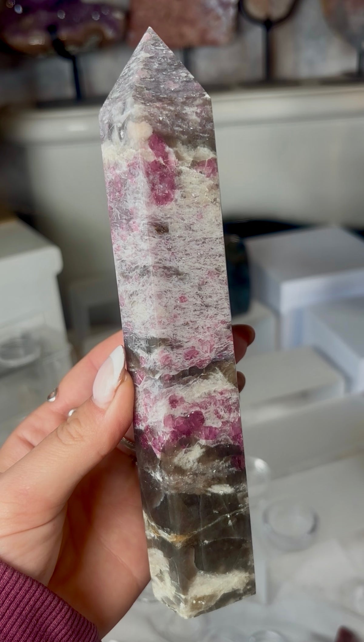 Pink tourmaline tower with Smokey 19.5cm tall