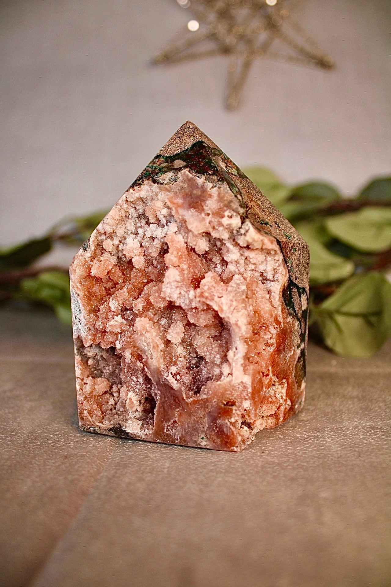 High grade Pink amethyst tower with peach toned sugar druzy - 500g 10cm high