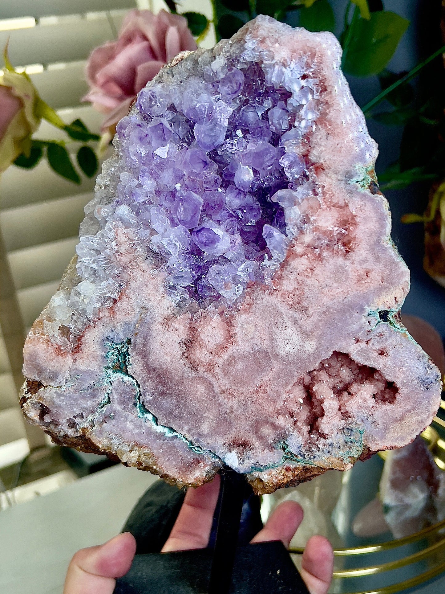 Extra high grade, pink amethyst slab on stand with purple quartz