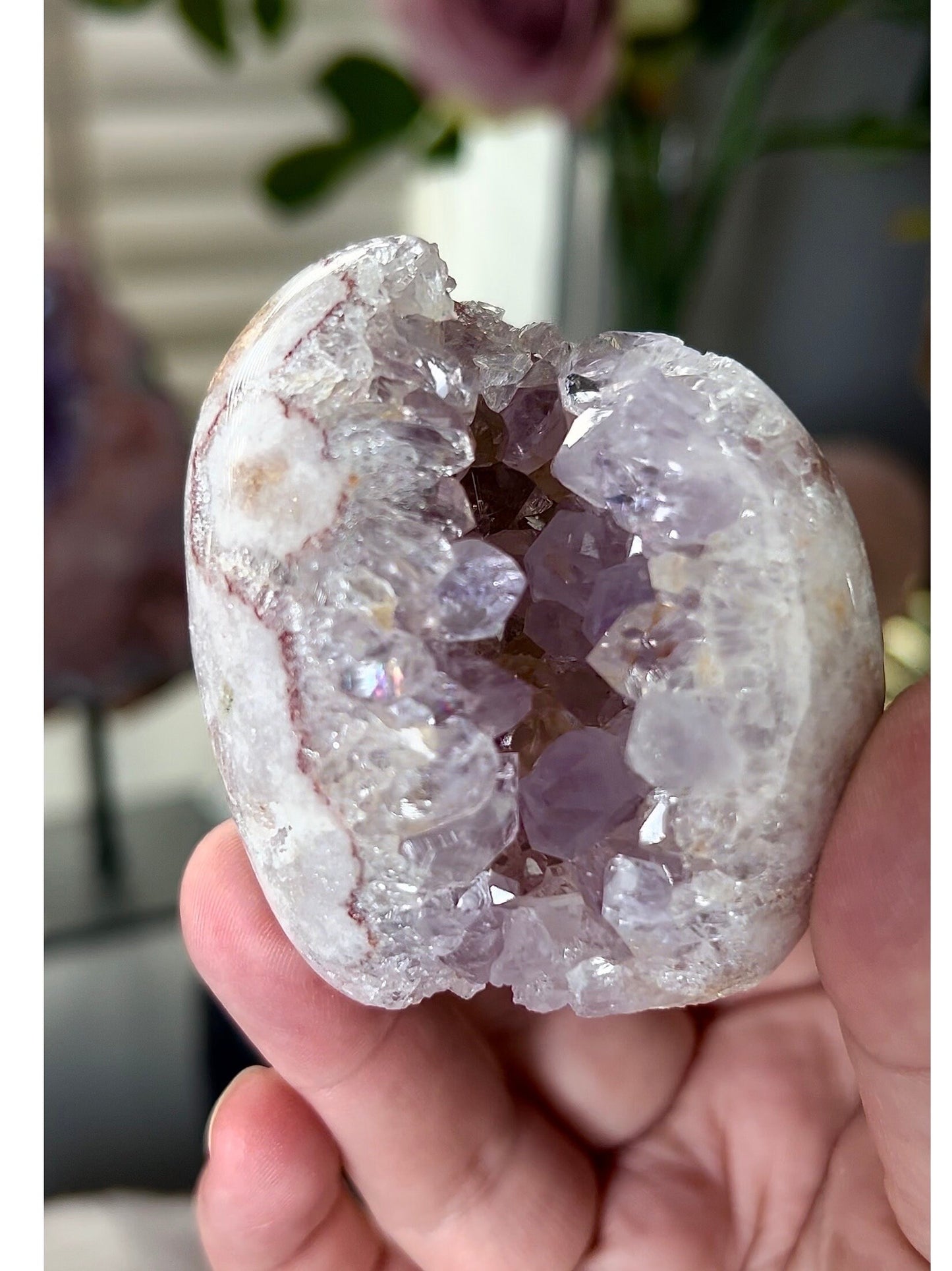 high grade pink amethyst cave, freeform with incredible rainbow quartz teeth