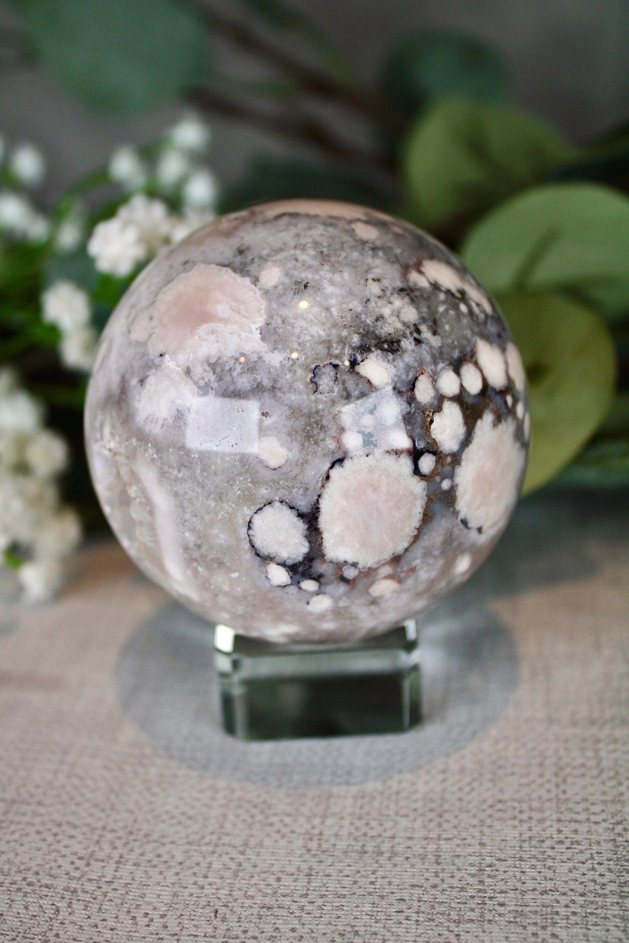 Blue flower agate x chlorite quartz sphere 495g 7cm