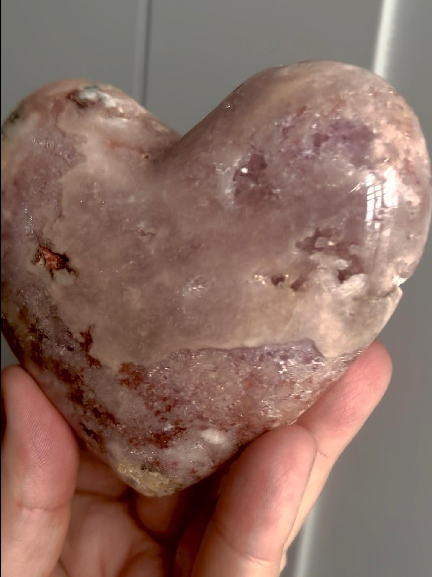Perfect pink, polished, pink amethyst heart with jasper